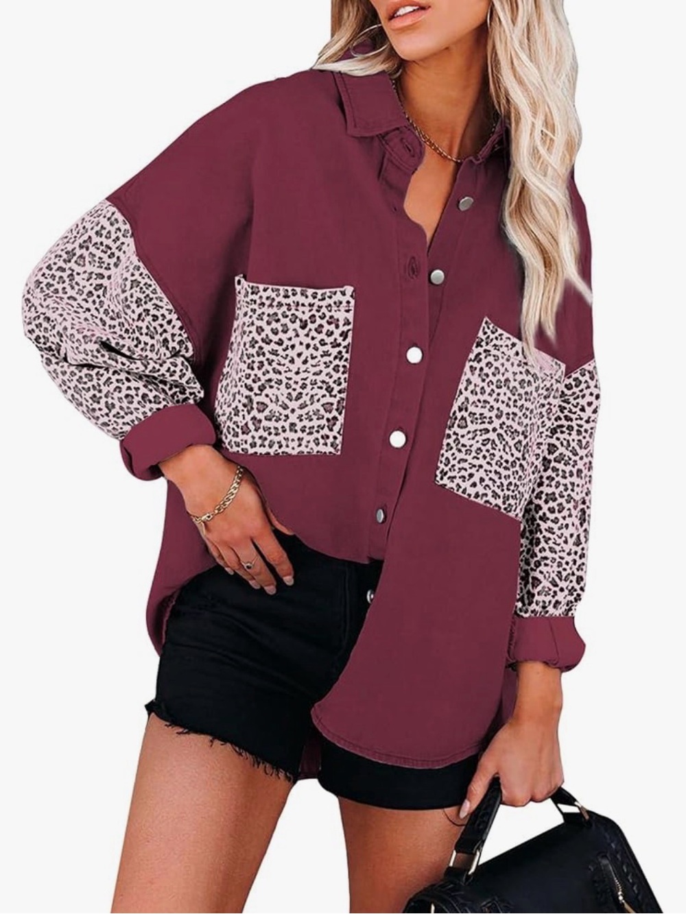Burgundy Leopard Print Colorblock Shacket Button Up Oversized Shirt